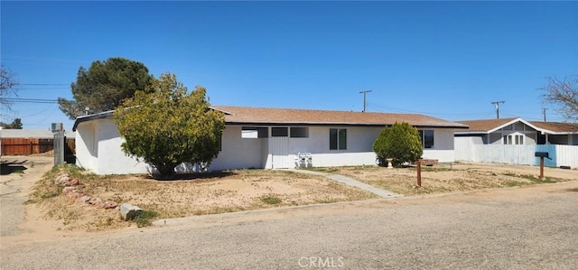 single story home featuring stucco siding and fence