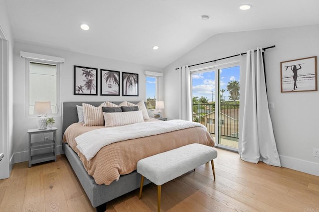 bedroom featuring access to exterior, lofted ceiling, light wood-type flooring, baseboards, and recessed lighting
