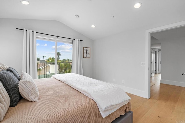 bedroom with access to outside, vaulted ceiling, light wood-style flooring, recessed lighting, and baseboards