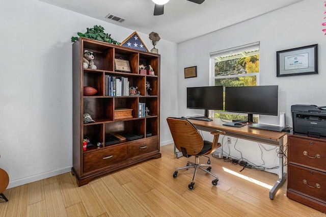 office space with wood finished floors, ceiling fan, baseboards, and visible vents