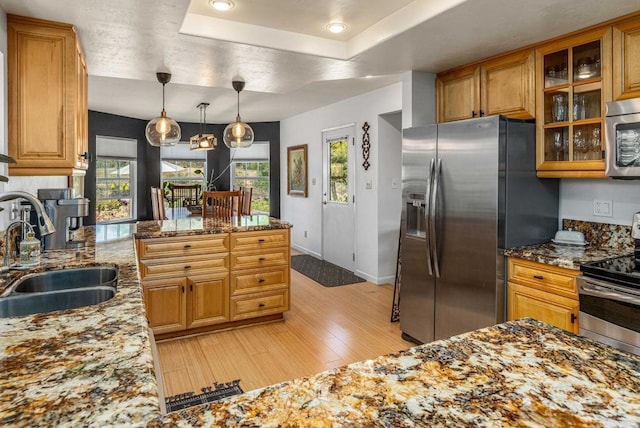 kitchen with light wood-style floors, brown cabinets, a raised ceiling, stainless steel appliances, and a sink