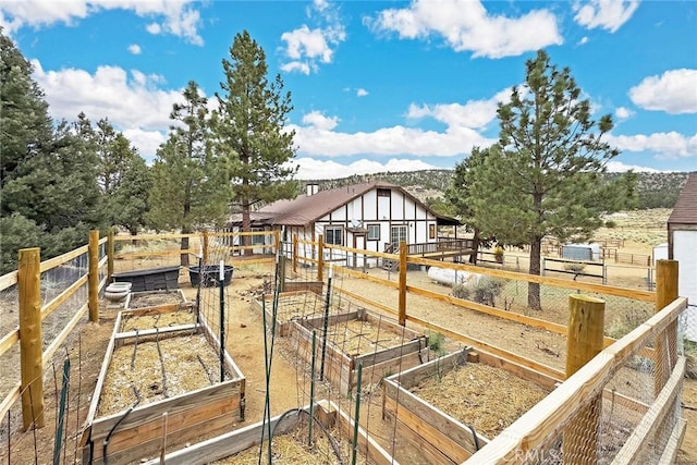 view of yard featuring fence and a vegetable garden