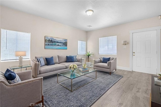 1335 N Lugo Ave, San Bernardino, CA 92404 - living room featuring a textured ceiling, wood finished floors, visible vents, and baseboards