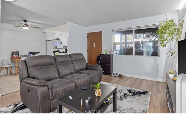 2501 W Redondo Beach Blvd Unit 217, Gardena, CA 90249 - living room featuring a textured ceiling, a ceiling fan, and light wood-type flooring