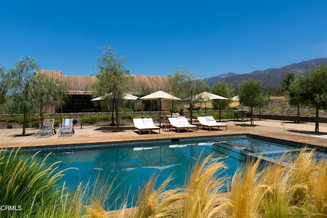 11100 Sulphur Mountain Rd, Ojai, CA 93023 - view of swimming pool with a fenced in pool, a patio, fence, and a mountain view