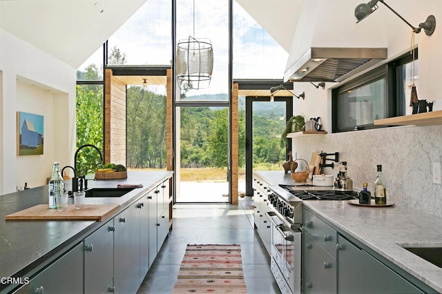 11100 Sulphur Mountain Rd, Ojai, CA 93023 - kitchen with a sink, open shelves, plenty of natural light, and high end stove