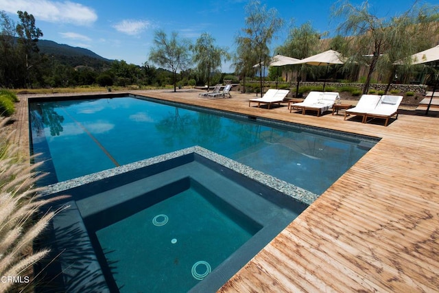 11100 Sulphur Mountain Rd, Ojai, CA 93023 - view of pool with a deck with mountain view and a pool with connected hot tub