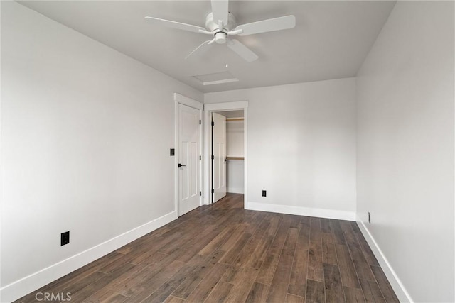 unfurnished room featuring wood finished floors, ceiling fan, and baseboards
