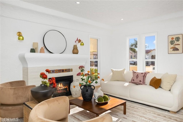 living area featuring wood finished floors and a glass covered fireplace