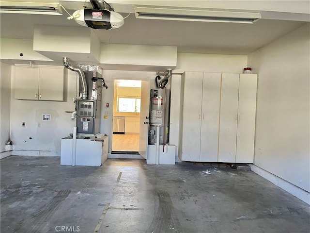 garage with water heater, heating unit, and a garage door opener