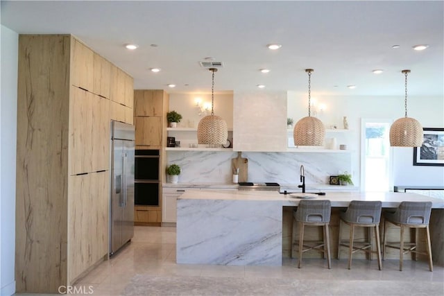 2493 Sierra Bella Dr, Corona, CA 92882 - kitchen with open shelves, stainless steel built in refrigerator, modern cabinets, light brown cabinetry, and a large island