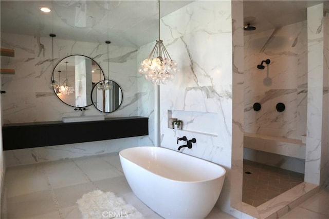 2493 Sierra Bella Dr, Corona, CA 92882 - bathroom featuring a marble finish shower, a soaking tub, a chandelier, and vanity