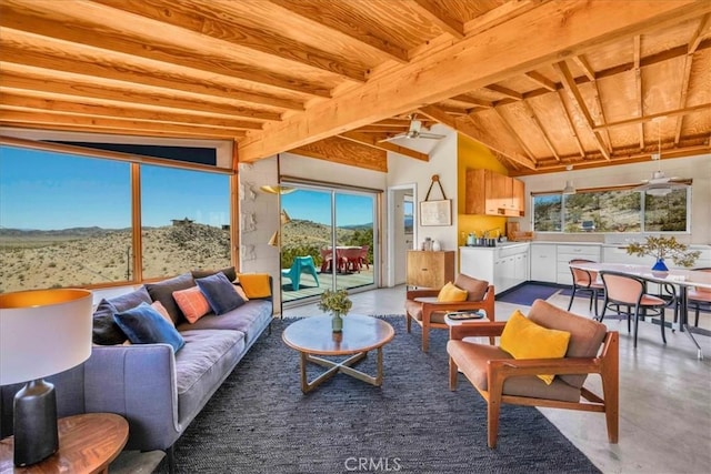 63465 Belmont St, Joshua Tree, CA 92252 - interior space with a mountain view, plenty of natural light, concrete flooring, and vaulted ceiling with beams