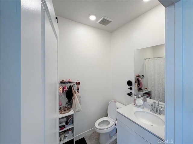 bathroom featuring vanity, curtained shower, toilet, tile patterned flooring, and visible vents
