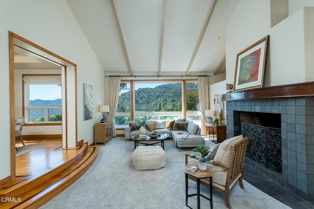 living area featuring a mountain view, a tiled fireplace, and healthy amount of natural light