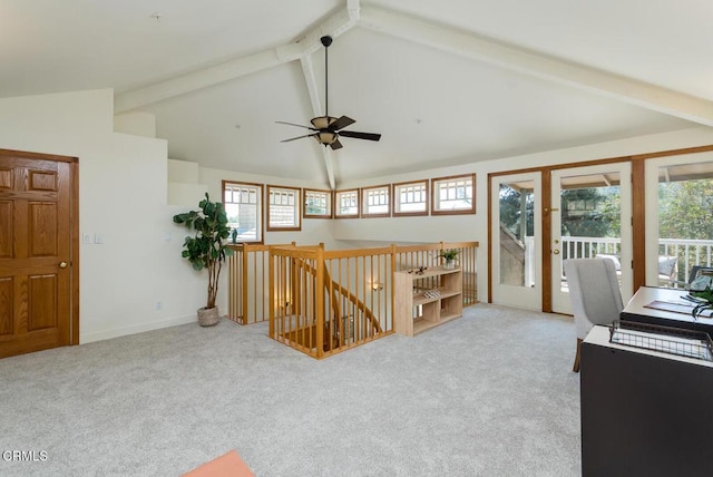 office with a ceiling fan, beam ceiling, carpet, and high vaulted ceiling