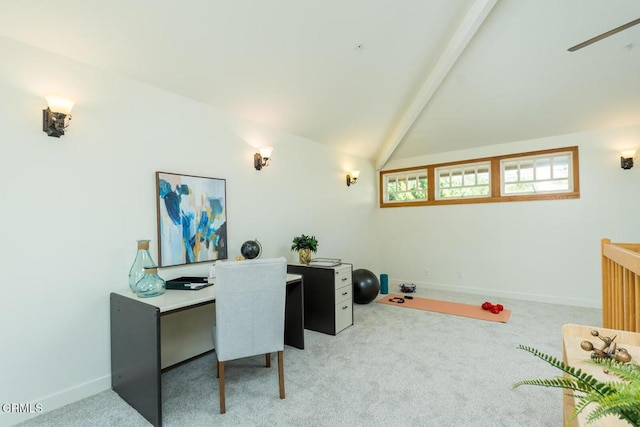 office area with light carpet, baseboards, and ceiling fan