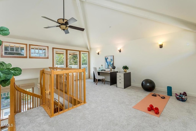 home office with carpet flooring, ceiling fan, high vaulted ceiling, baseboards, and beamed ceiling
