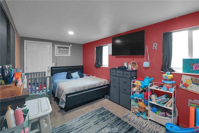 14696 Blackbush Rd, Moreno Valley, CA 92553 - carpeted bedroom featuring multiple windows, a wall mounted AC, and recessed lighting