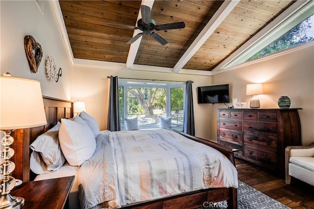 bedroom with wooden ceiling, lofted ceiling with beams, ceiling fan, wood finished floors, and access to exterior