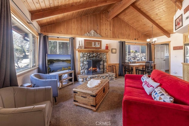 living room with carpet floors, an inviting chandelier, lofted ceiling with beams, and wood ceiling