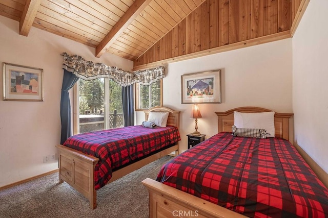 bedroom featuring wooden ceiling, lofted ceiling with beams, baseboards, and carpet floors