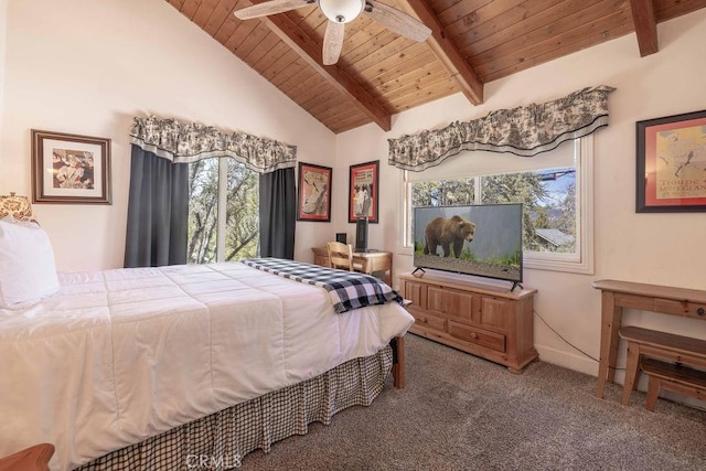 bedroom with wooden ceiling, lofted ceiling with beams, a ceiling fan, and carpet