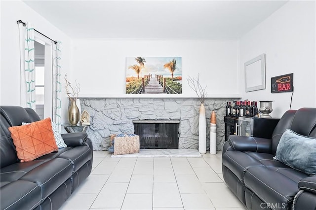 5201 Del Serra Cir, La Palma, CA 90623 - tiled living room with a stone fireplace