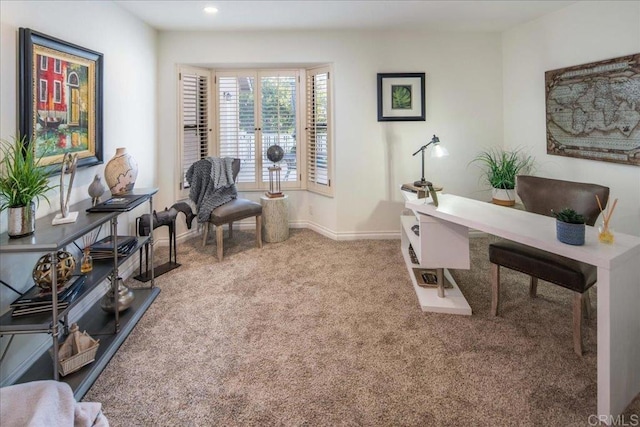 carpeted office featuring baseboards and recessed lighting