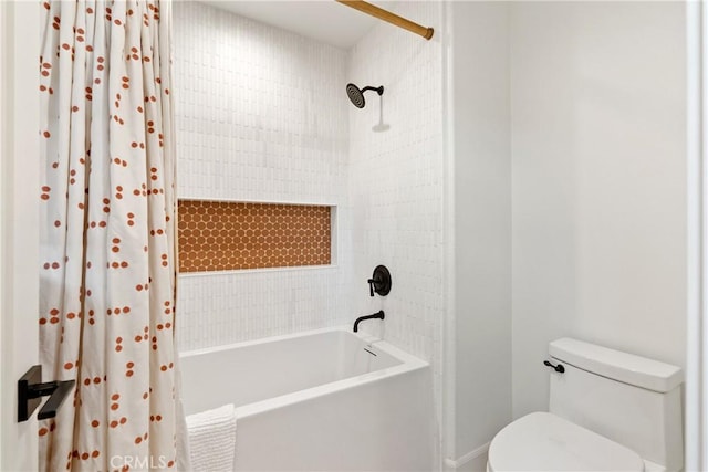 full bath featuring toilet and shower / tub combo with curtain