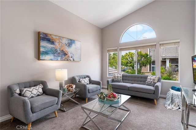 4930 Rockhampton Ct, Yorba Linda, CA 92887 - carpeted living room featuring baseboards and high vaulted ceiling