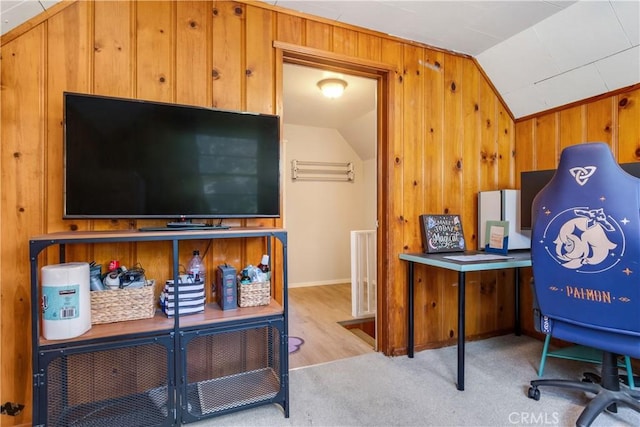 23747 Bowl Rd, Crestline, CA 92325 - office space with baseboards, wood walls, vaulted ceiling, and wood finished floors