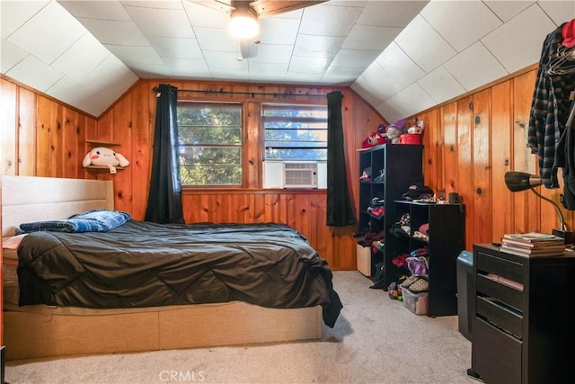 23747 Bowl Rd, Crestline, CA 92325 - carpeted bedroom with cooling unit, wood walls, and lofted ceiling