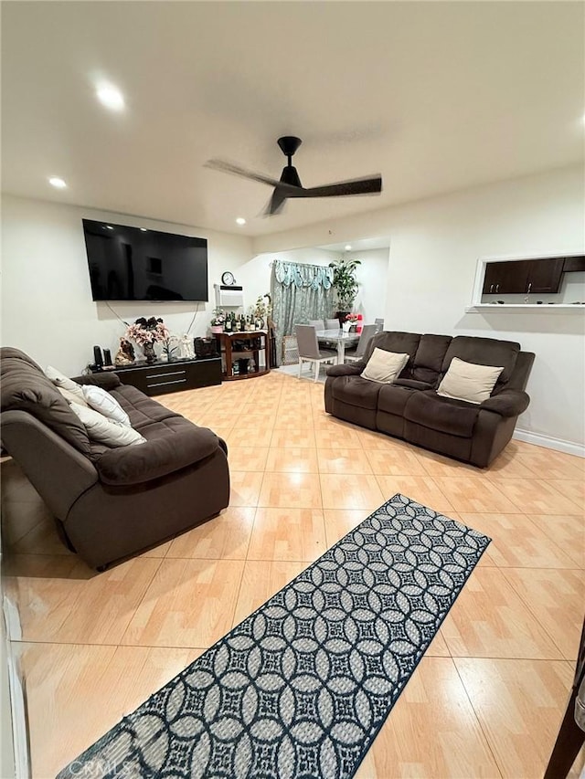 18016 Los Palacios, Rowland Heights, CA 91748 - tiled living room with ceiling fan and recessed lighting