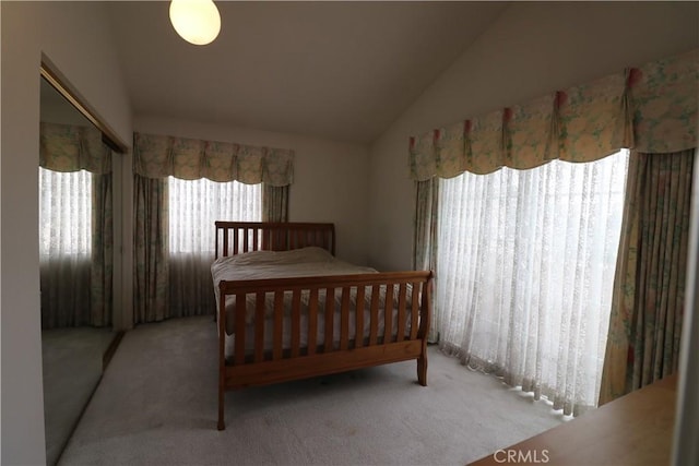 carpeted bedroom featuring lofted ceiling