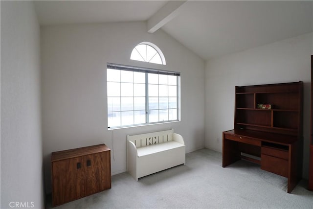 sitting room with vaulted ceiling with beams and light colored carpet