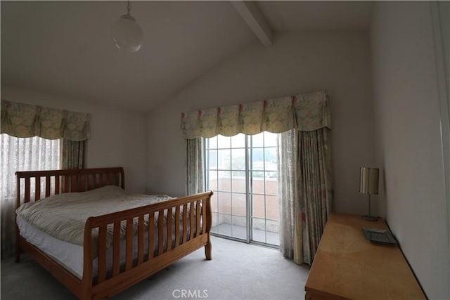 carpeted bedroom featuring vaulted ceiling with beams and access to exterior