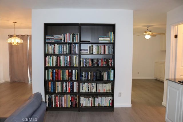 interior space with baseboards, wood finished floors, and ceiling fan with notable chandelier
