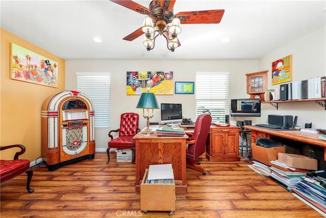 3565 Louer Dr, Lancaster, CA 93536 - office area featuring recessed lighting, ceiling fan, and wood finished floors