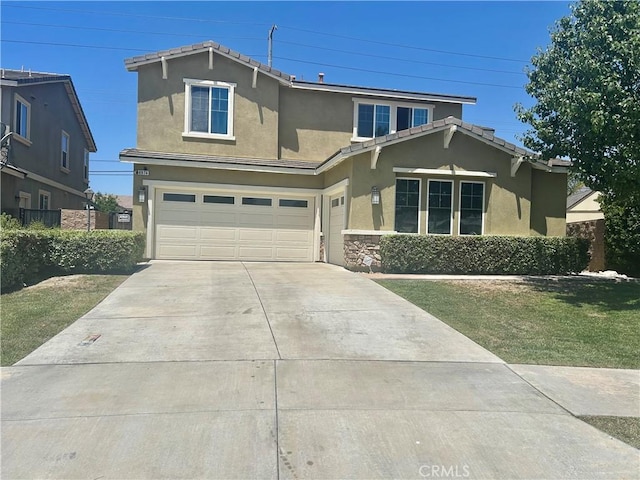 6974 Canterra Way, Fontana, CA 92336 - traditional-style home featuring driveway, an attached garage, stucco siding, a front lawn, and stone siding