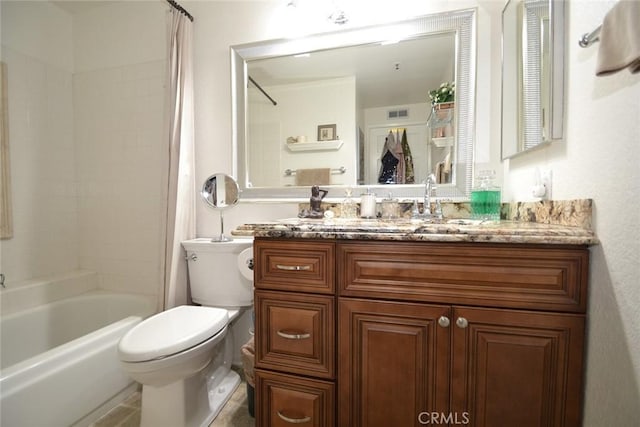bathroom featuring toilet, visible vents, vanity, and shower / tub combo with curtain
