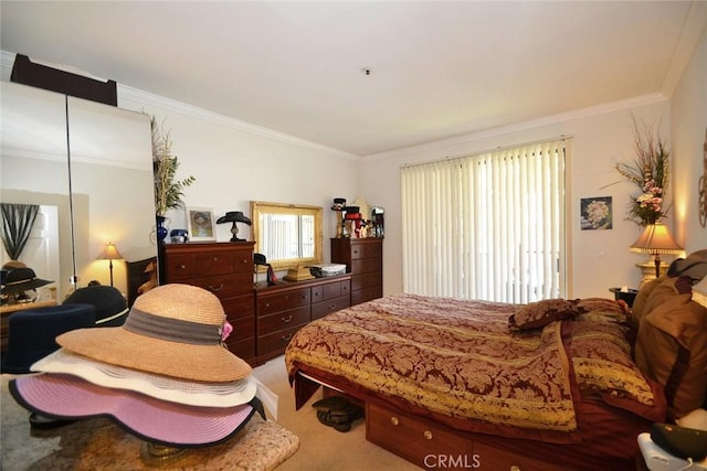bedroom with light carpet and crown molding