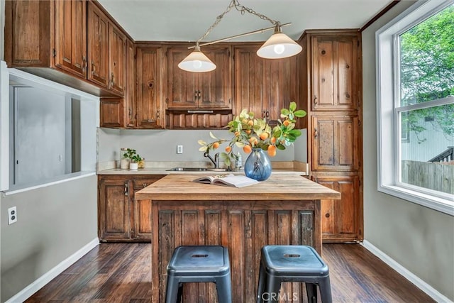 kitchen featuring baseboards, a sink, dark wood-type flooring, butcher block countertops, and a kitchen island