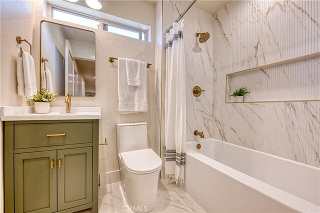27695 Via Turina, Mission Viejo, CA 92692 - full bathroom featuring toilet, shower / bath combo with shower curtain, marble finish floor, a textured wall, and vanity