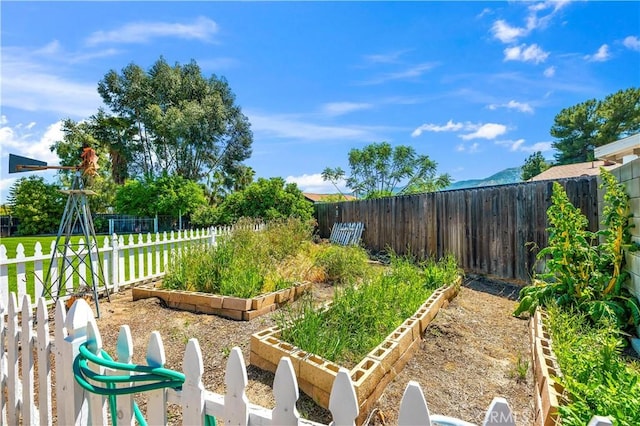view of yard featuring a vegetable garden and a fenced backyard