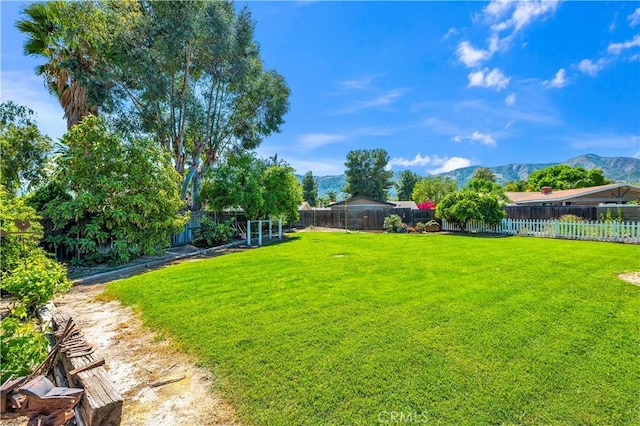 view of yard featuring a fenced backyard and a mountain view