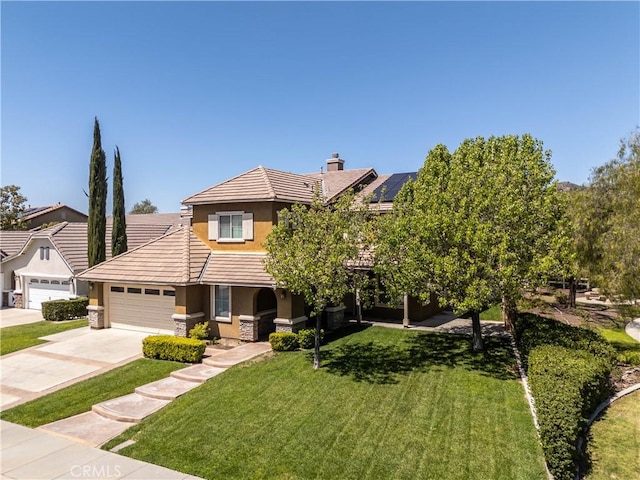 27321 Carlton Oaks St, Murrieta, CA 92562 - view of front of property featuring stucco siding, a front yard, solar panels, a tile roof, and a garage