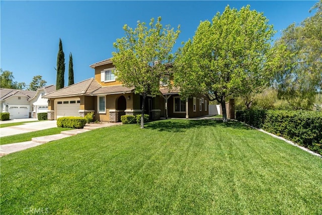 27321 Carlton Oaks St, Murrieta, CA 92562 - view of front of house with an attached garage, driveway, stucco siding, and a front lawn