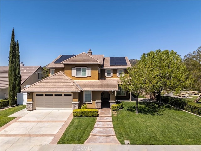 27321 Carlton Oaks St, Murrieta, CA 92562 - view of front of property with stucco siding, a front lawn, solar panels, an attached garage, and concrete driveway