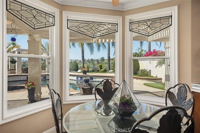interior space with baseboards, a wealth of natural light, and crown molding